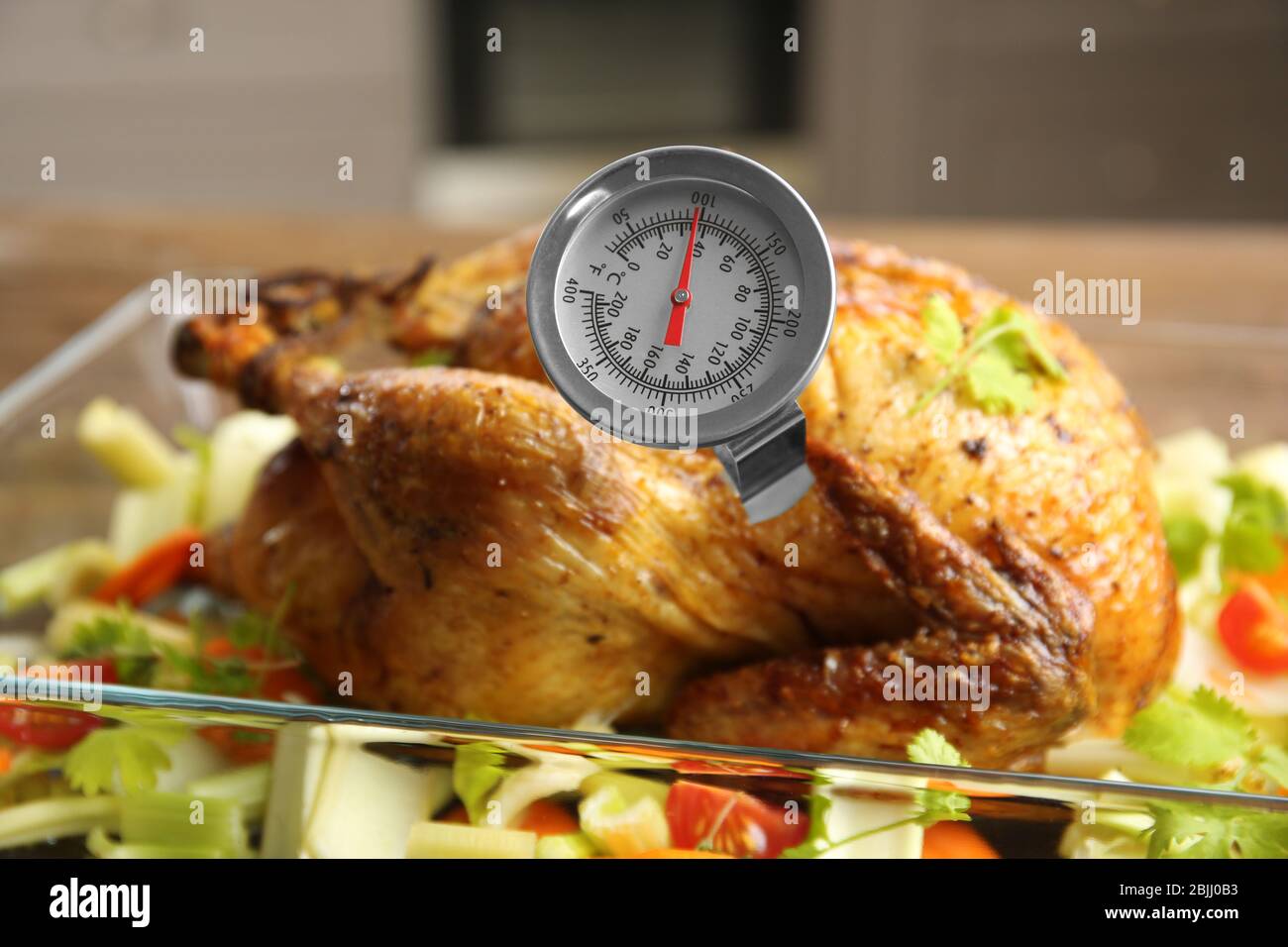 Roasted Turkey With Meat Thermometer Stock Photo - Download Image