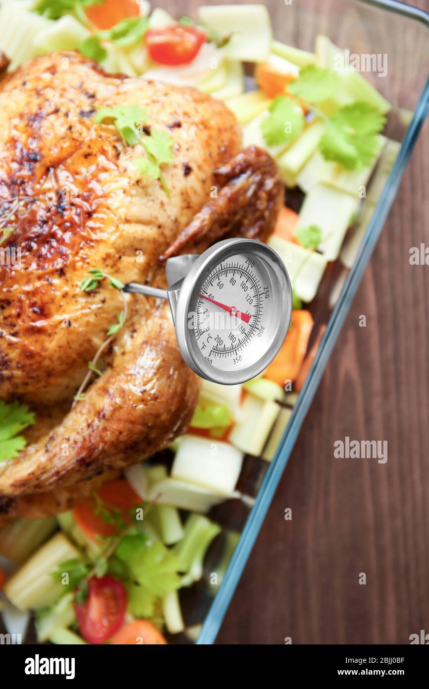 https://c8.alamy.com/comp/2BJJ0BF/baking-dish-with-golden-roasted-turkey-and-meat-thermometer-on-table-2BJJ0BF.jpg