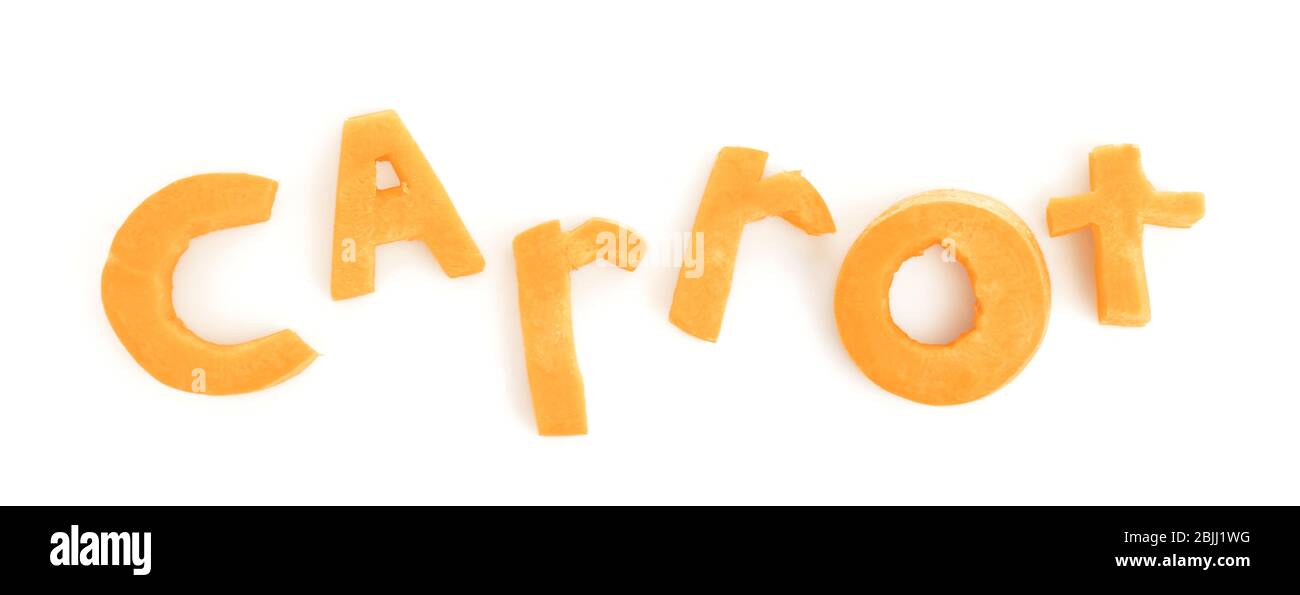 Word carrot made from fresh vegetable on white background Stock Photo
