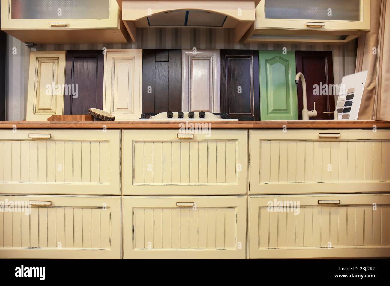 Assortment Of Wooden Samples With New Kitchen Furniture In Hardware Store Stock Photo Alamy