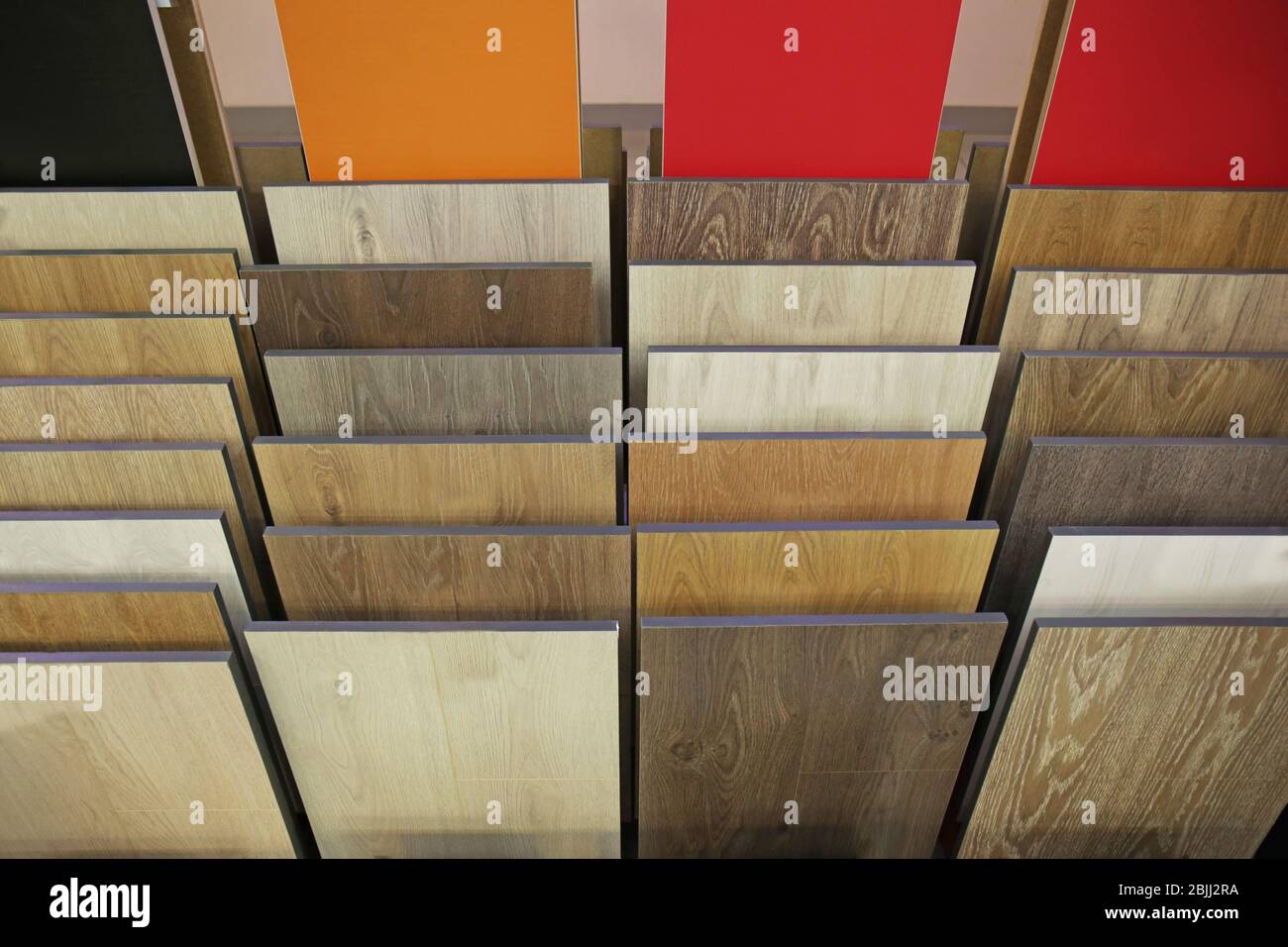 Assortment of laminated flooring samples in hardware store Stock Photo