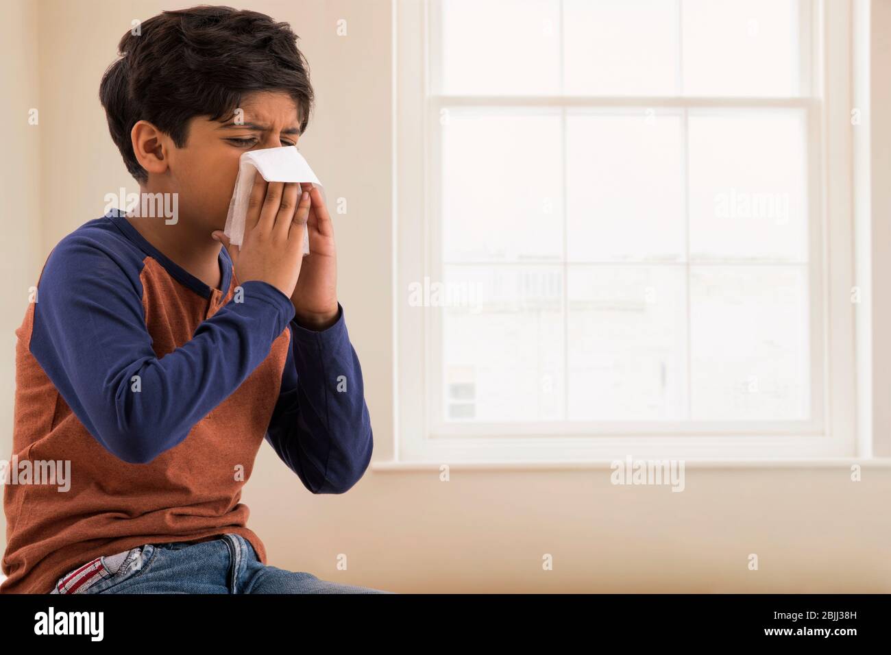 Young boy sitting at home and wiping his nose with tissue. (Children) Stock Photo