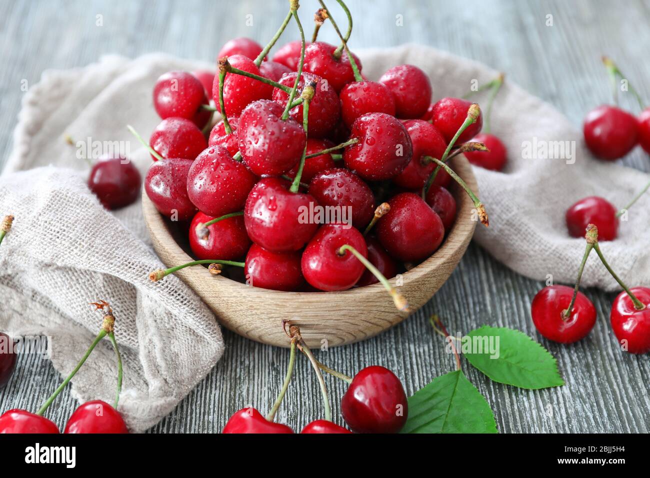 Plate with fresh ripe cherries on table Stock Photo - Alamy