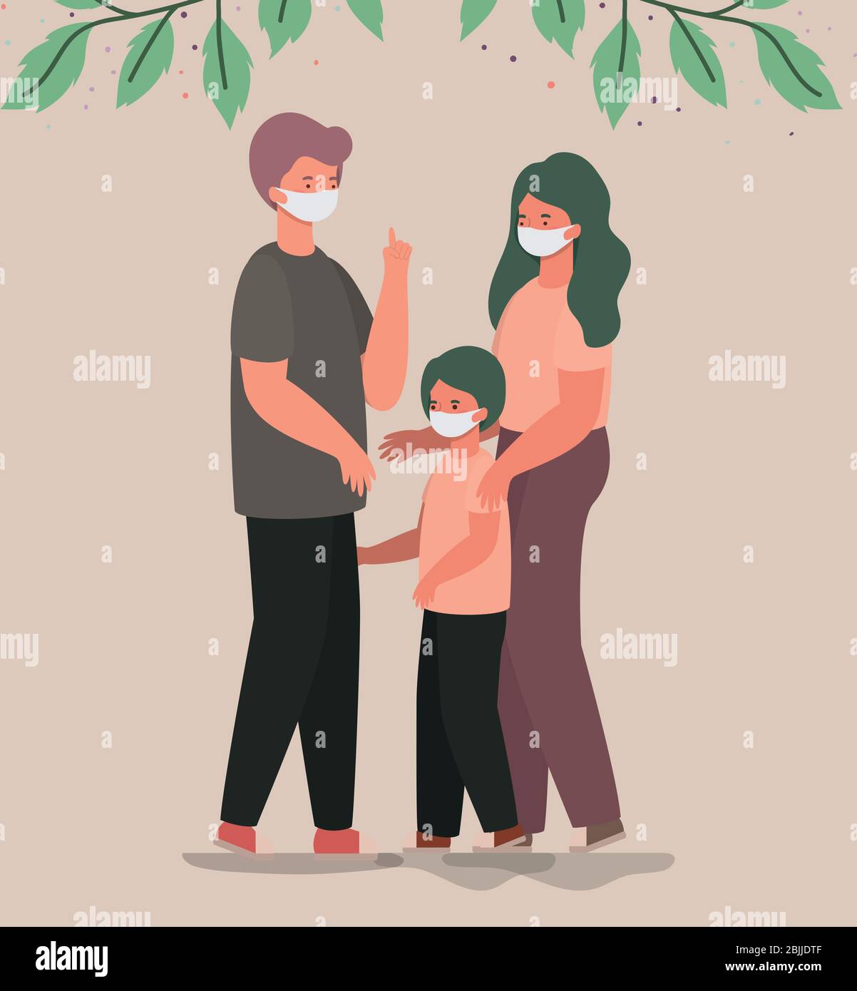 Mother father and son with masks and leaves vector design Stock Vector ...