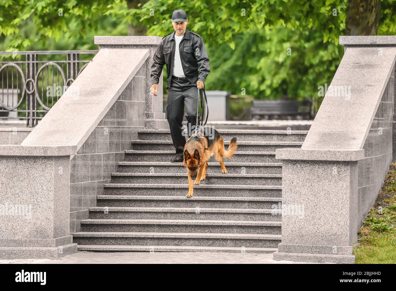 Security guard with dog on stairs Stock Photo Alamy