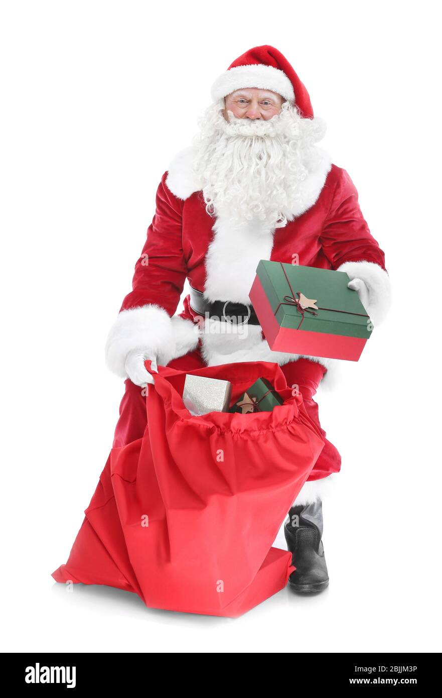 Authentic Santa Claus with big gift bag on white background Stock Photo ...