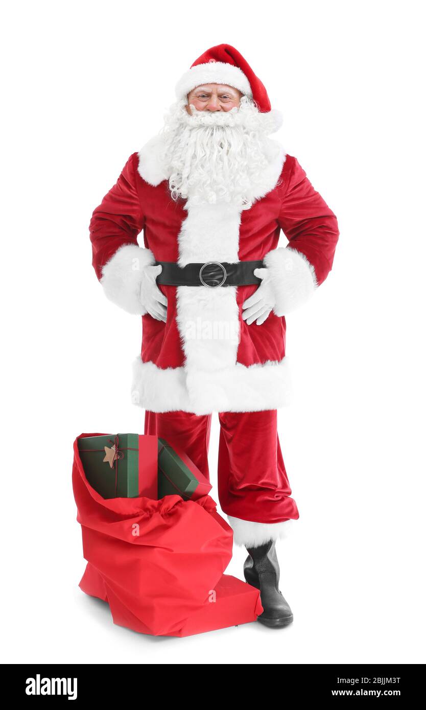 Authentic Santa Claus with big gift bag on white background Stock Photo ...