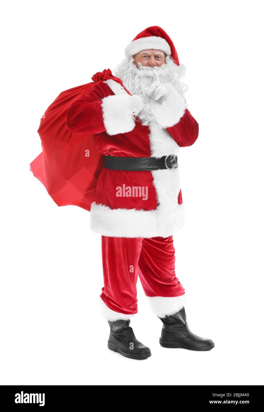 Authentic Santa Claus with big gift bag on white background Stock Photo ...