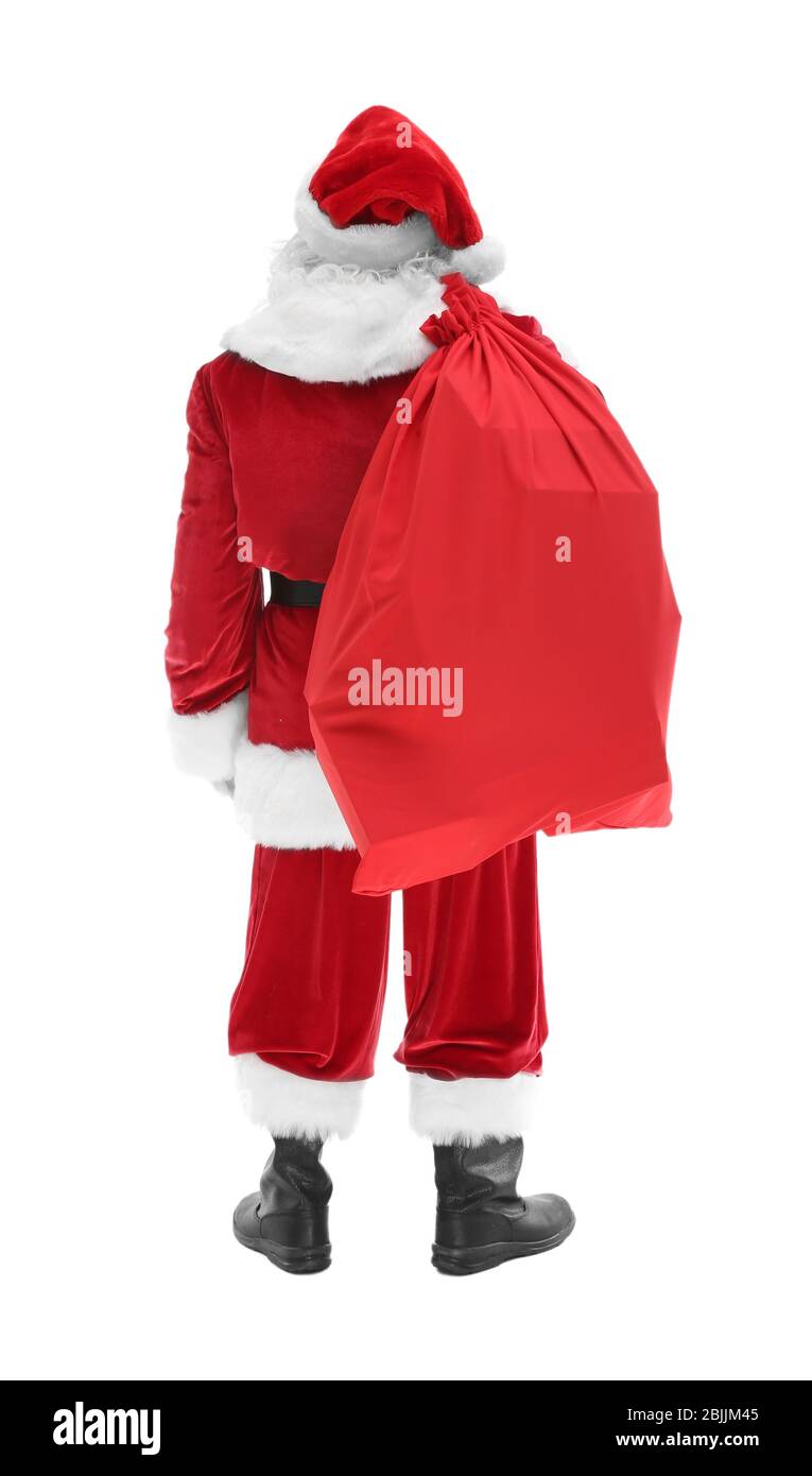 Authentic Santa Claus with big gift bag on white background Stock Photo ...