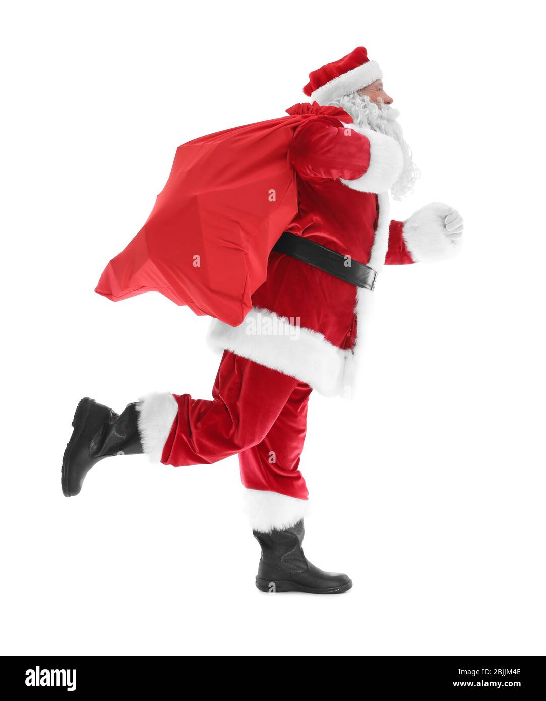 Authentic Santa Claus with big gift bag on white background Stock Photo ...