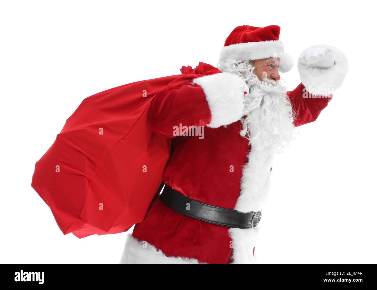 Authentic Santa Claus with big gift bag on white background Stock Photo ...