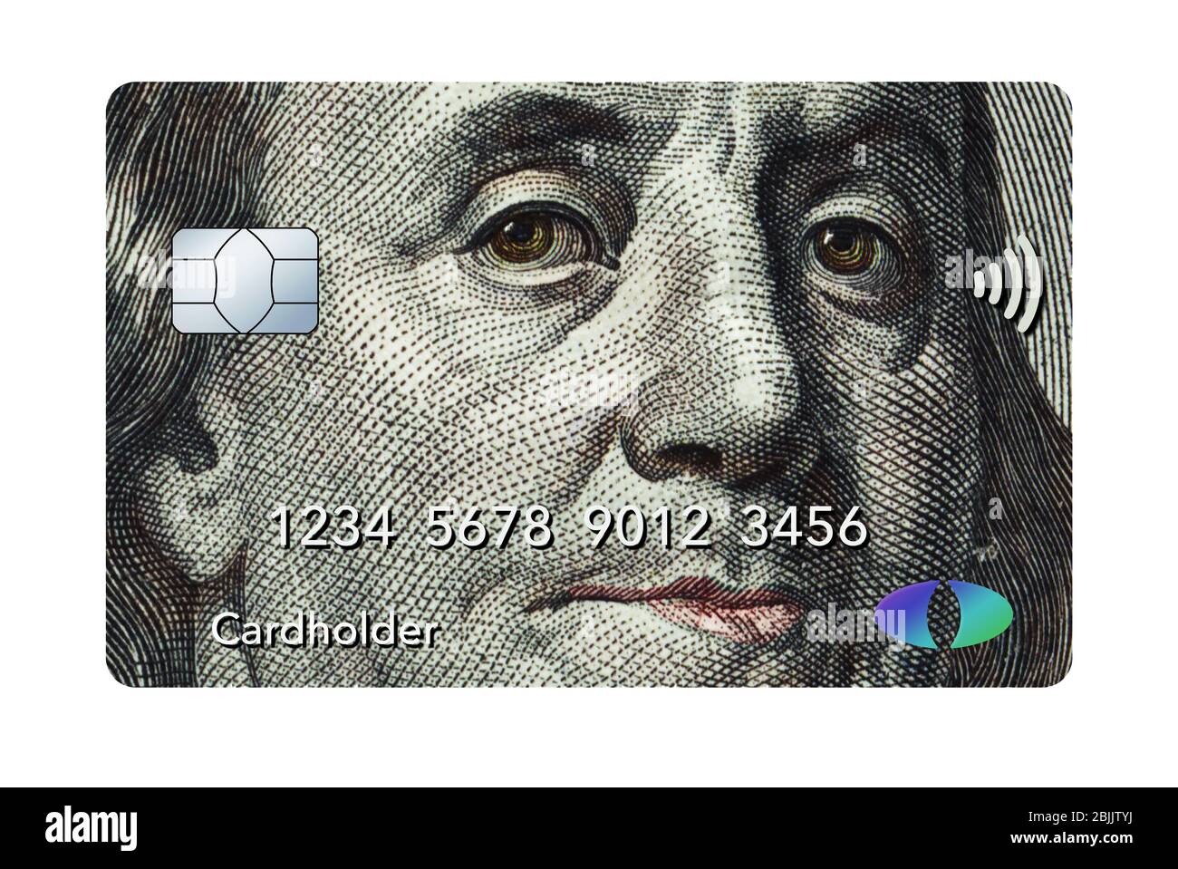 Benjamin Franklin is seen as an image on a credit card or debit card in this illustration about money and finance. Stock Photo