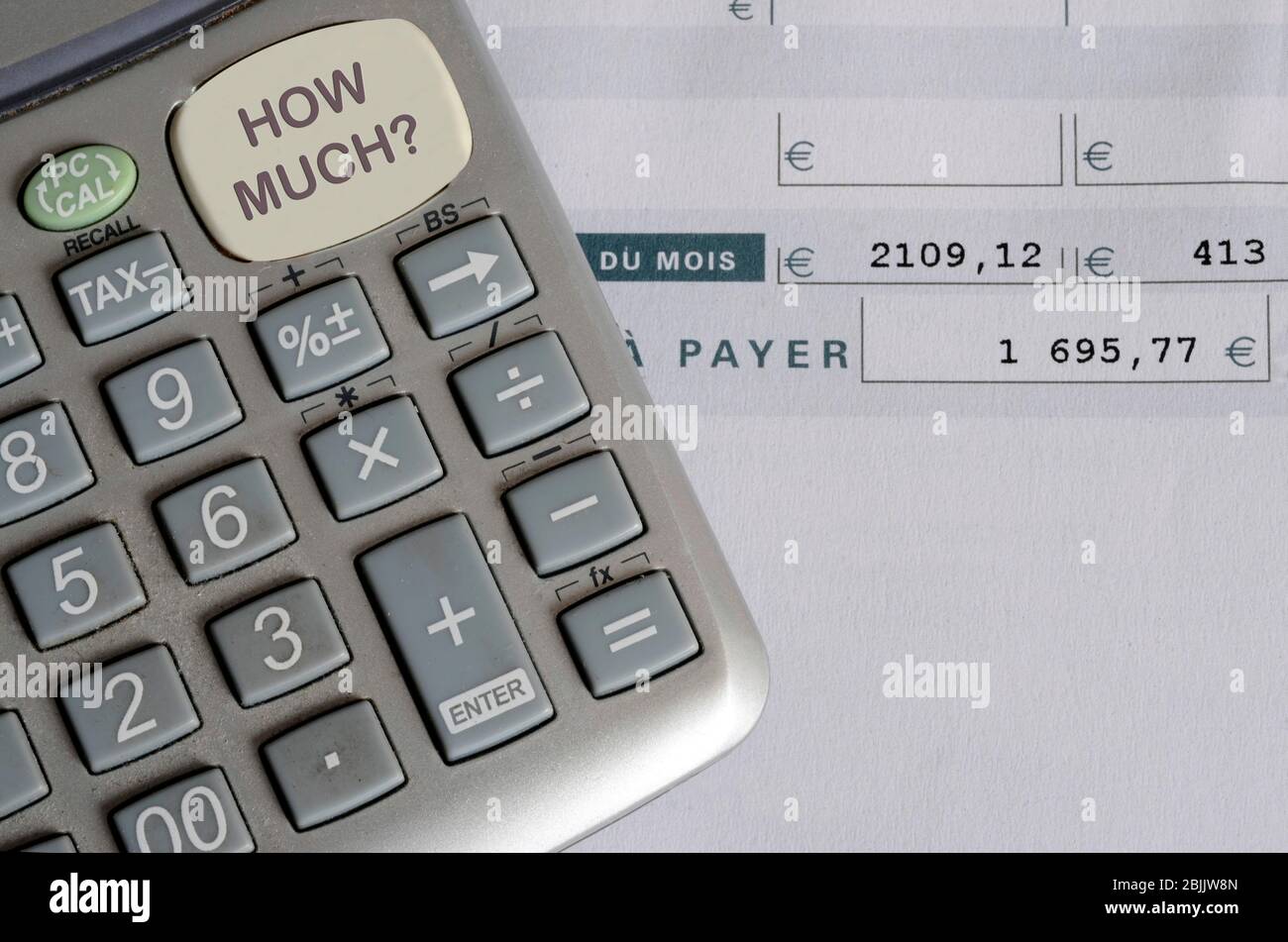 Euro Pay slip and calculator, close up for payroll or salary background,  french mention Net to pay Stock Photo - Alamy