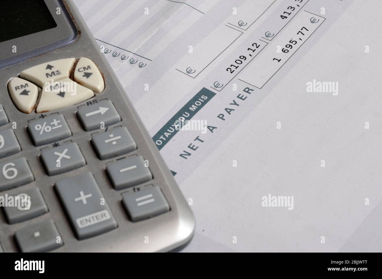 Euro Pay slip and calculator, close up for payroll or salary background, french mention Net to