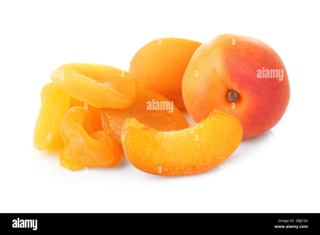Dried and fresh apricots on white background Stock Photo Alamy