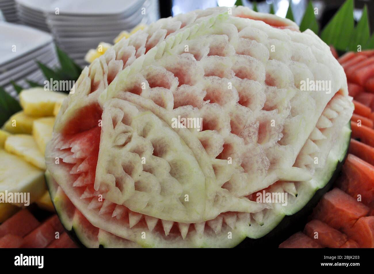 Watermelon carving on food sets Stock Photo
