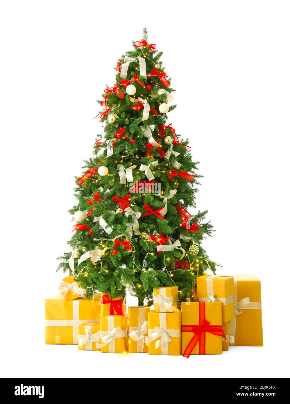 Beautiful Christmas tree with gifts on white background Stock Photo - Alamy