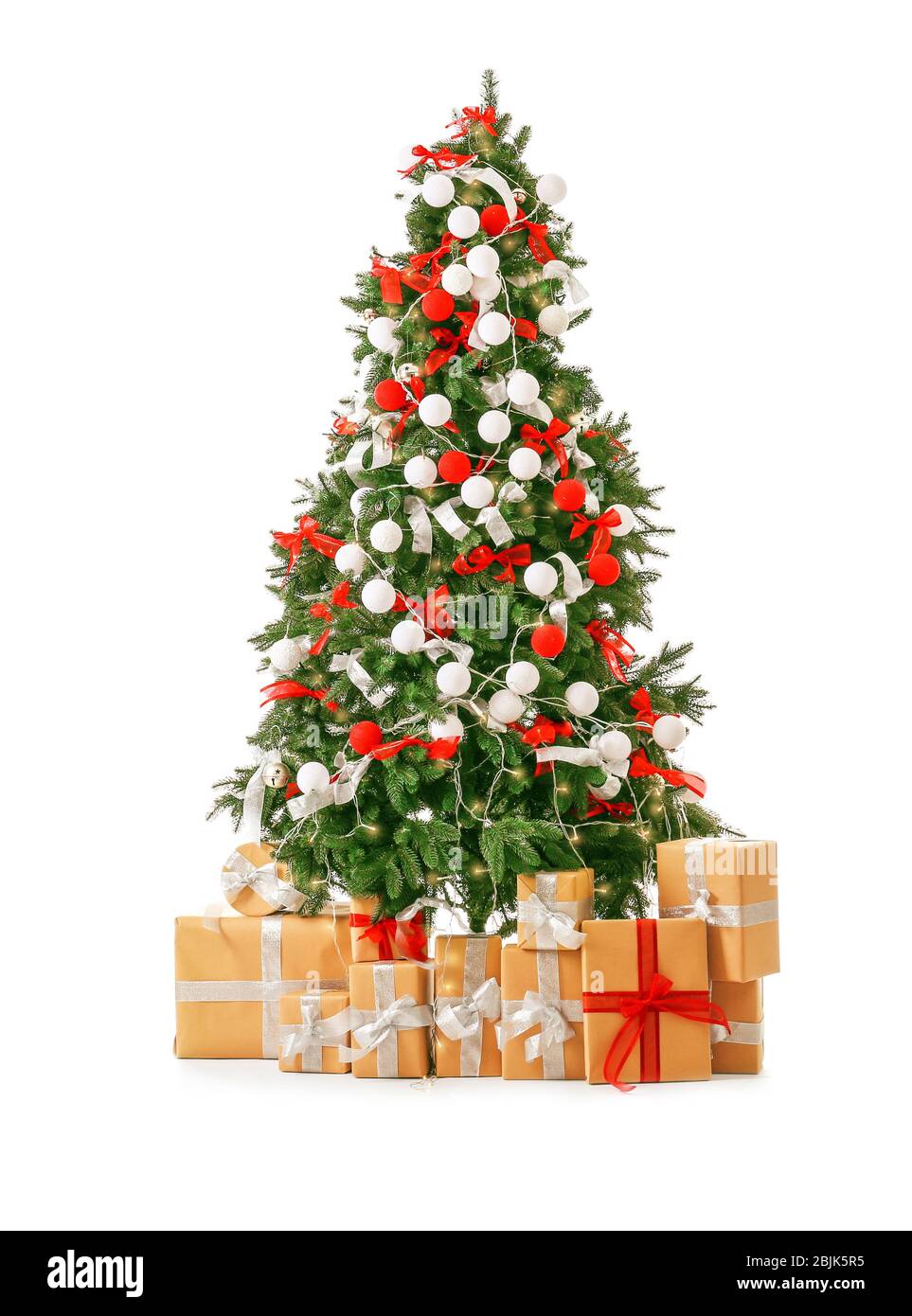 Beautiful Christmas tree with gifts on white background Stock Photo - Alamy
