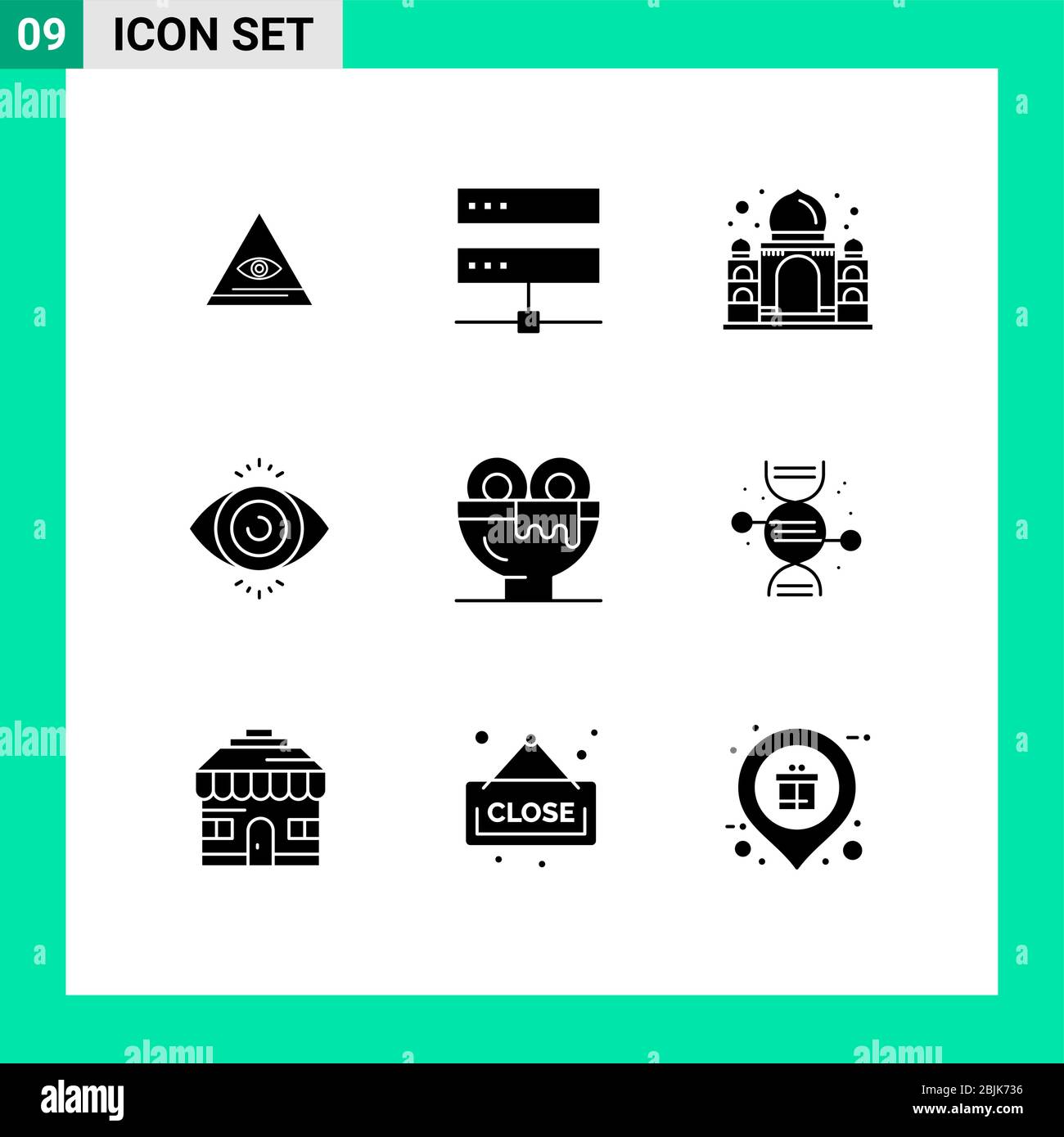 Modern Set of 9 Solid Glyphs Pictograph of dinner, science, network, search, india Editable Vector Design Elements Stock Vector