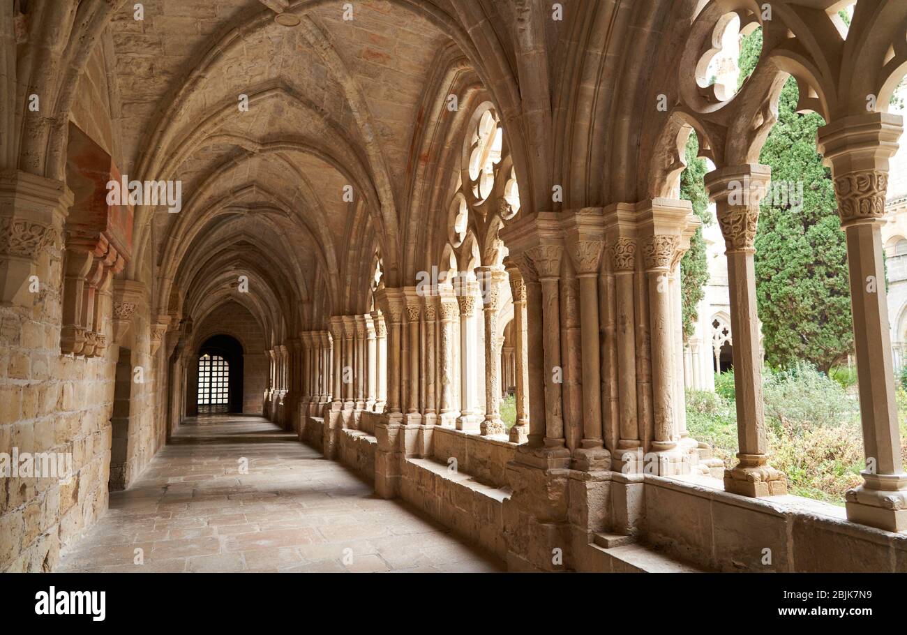 Cloister, Monastery of Santa Maria de Poblet, Tarragona province, Catalonia, Spain, Europe Stock Photo