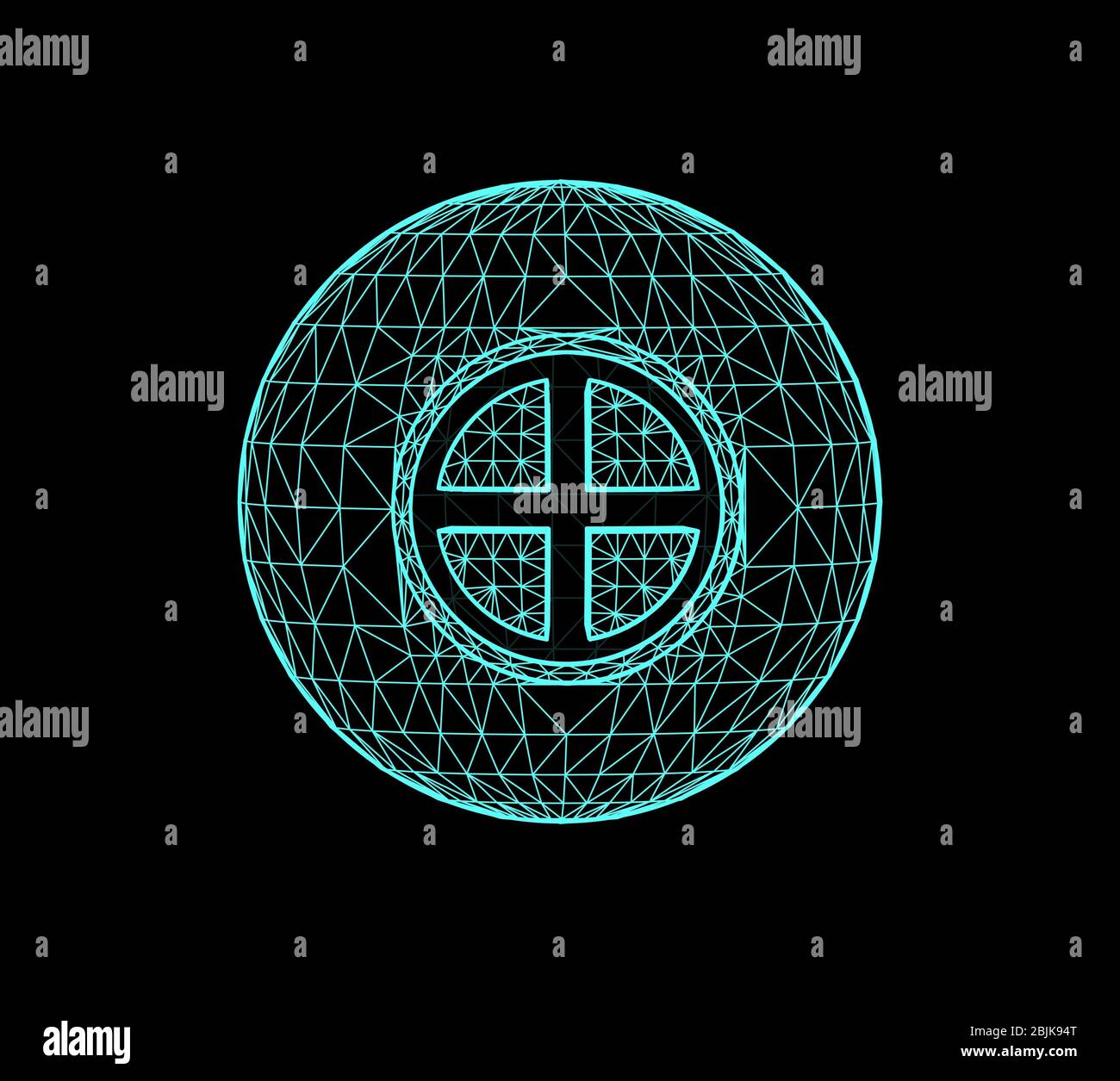 Planet Earth in the form of polygonal connected lines and a symbolic sign in the center. Vector 3d illustration on black. Stock Photo