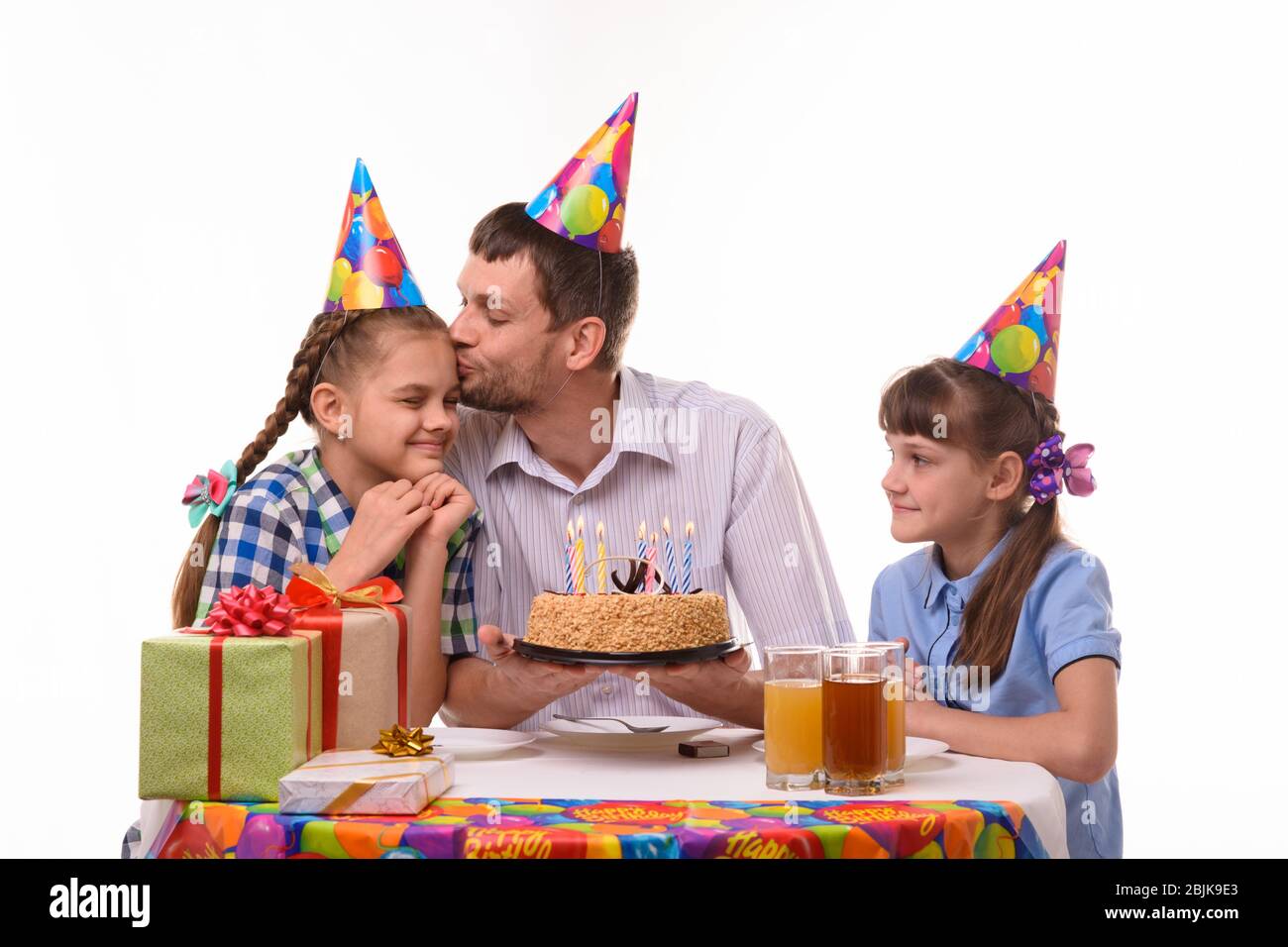 Children Wish Dad Happy Birthday Father Kisses Daughter Stock Photo Alamy