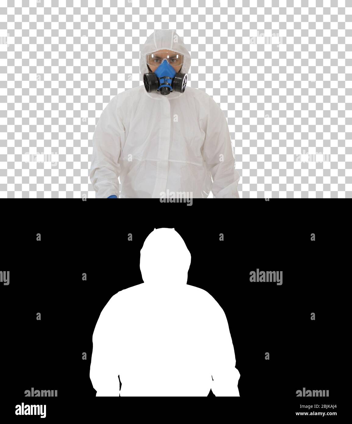 Man wearing hazmat suit walking, Alpha Channel Stock Photo