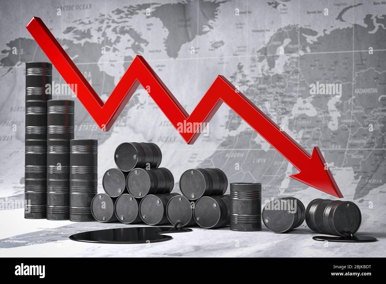 Crisis in oil and petroleum ndustry. Oil barrels and falling graph on