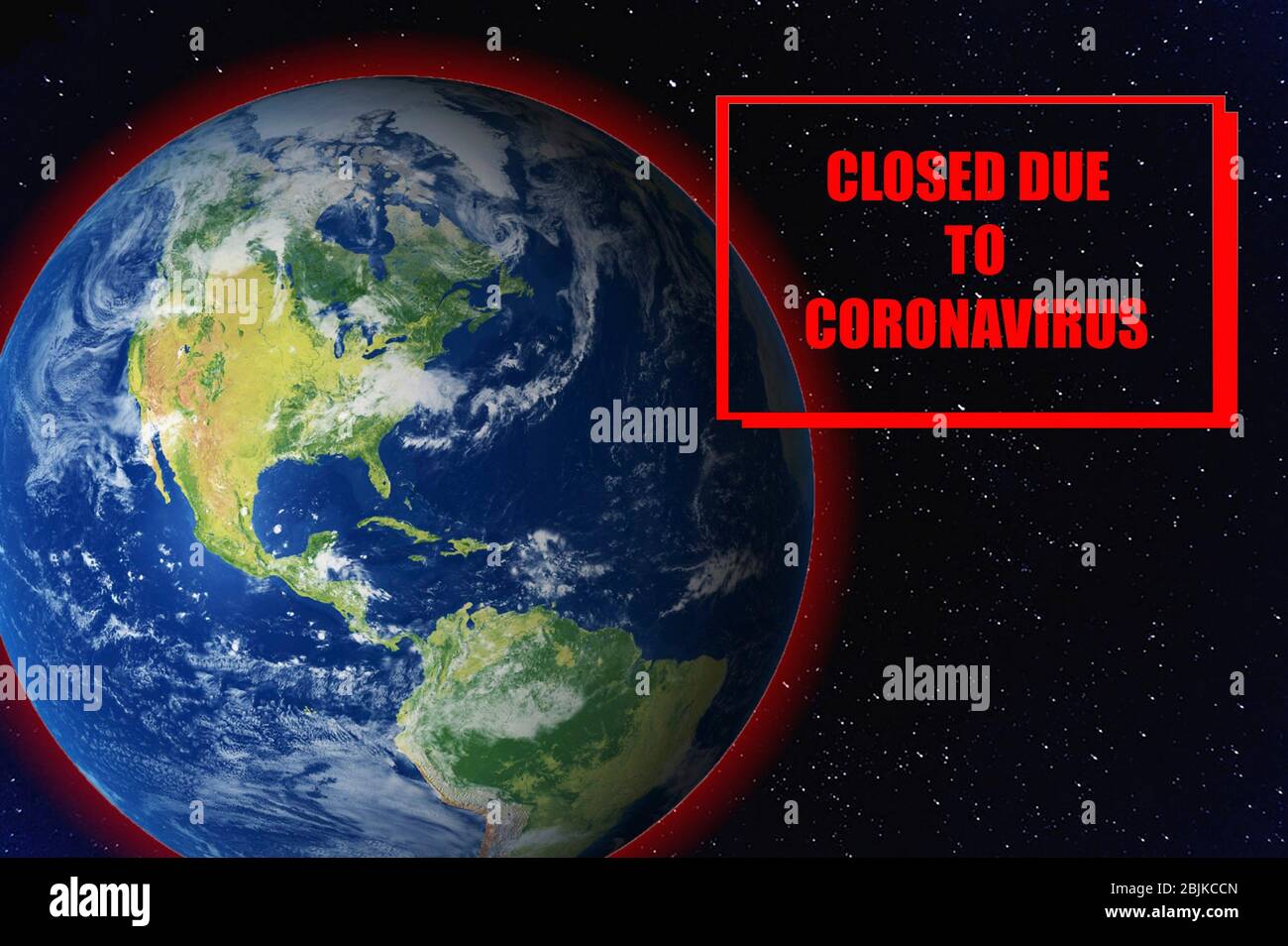 3D illustration Earth with space and red text Closed due to coronavirus. Stock Photo