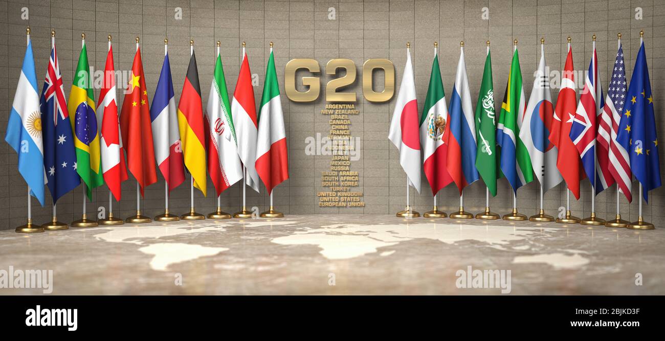 G20 summit or meeting concept. Row from flags of members of G20 Group of Twenty and list of countries in a conference room. 3d illustration. Stock Photo