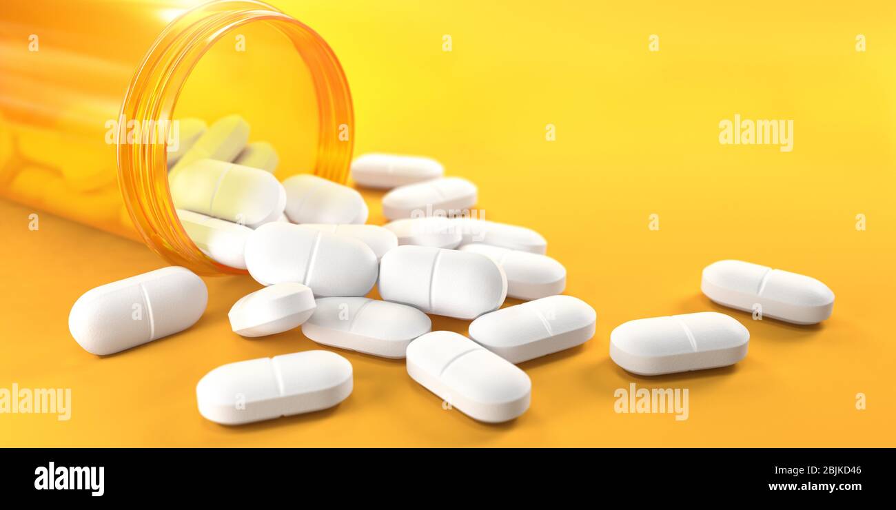 Download Pills And Orange Pill Bottle On Yellow Background With Copy Space Prescription Drugs 3d Ilustration Stock Photo Alamy PSD Mockup Templates