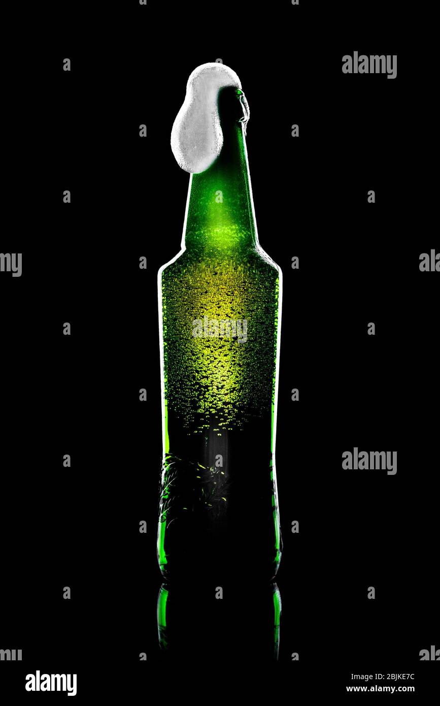 beer bottle opened with resultant beer and foam on black background with  reflection Stock Photo - Alamy