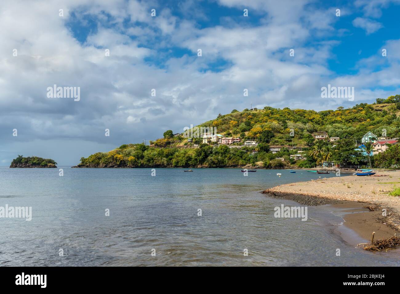 Coastline view with living houses on the hill of the Buccament Bay near