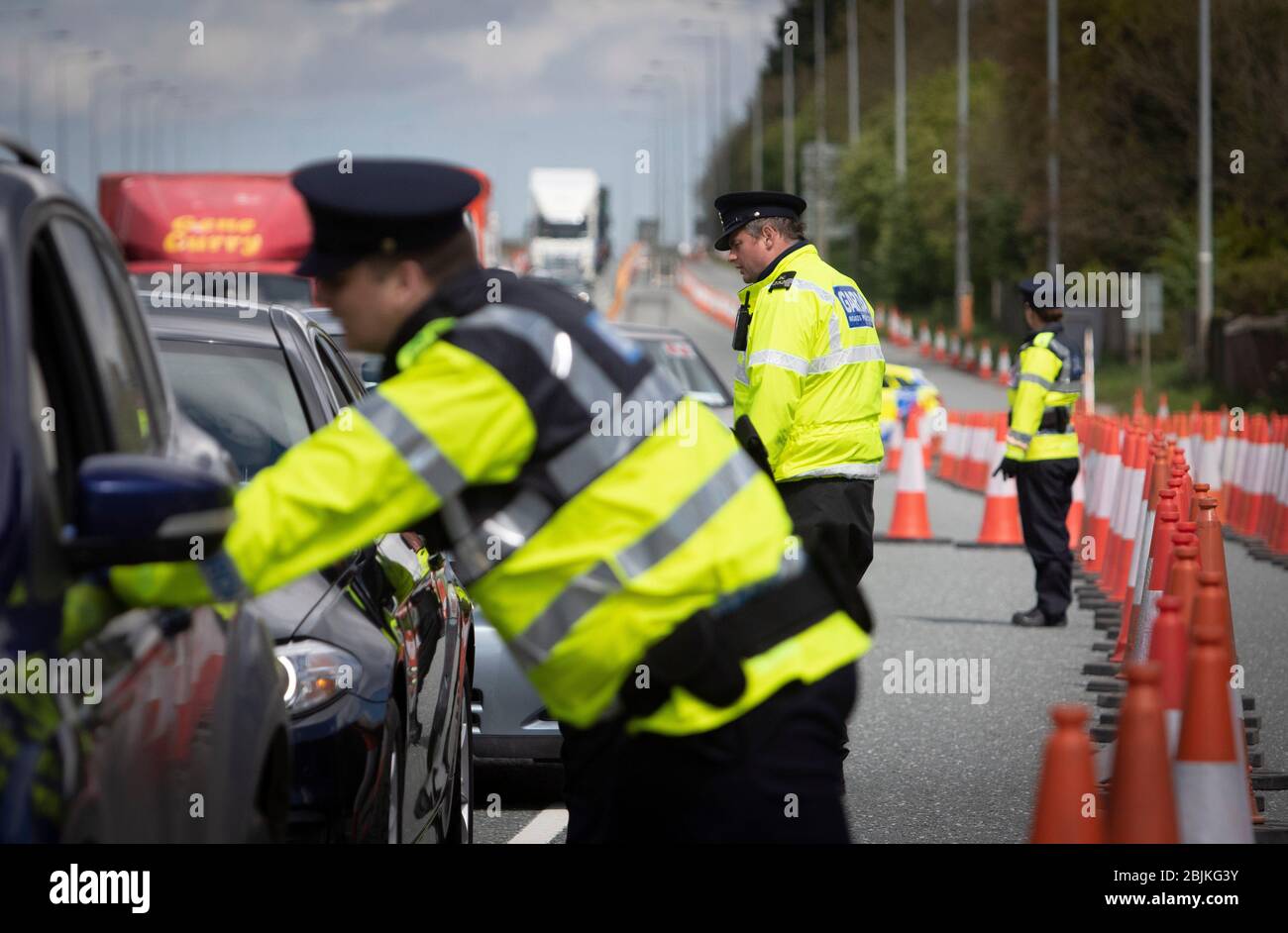 Dublin, Ireland - April 29, 2020: Garda Covid-19 checkpoint on the N7 motorway outside the city. Stock Photo