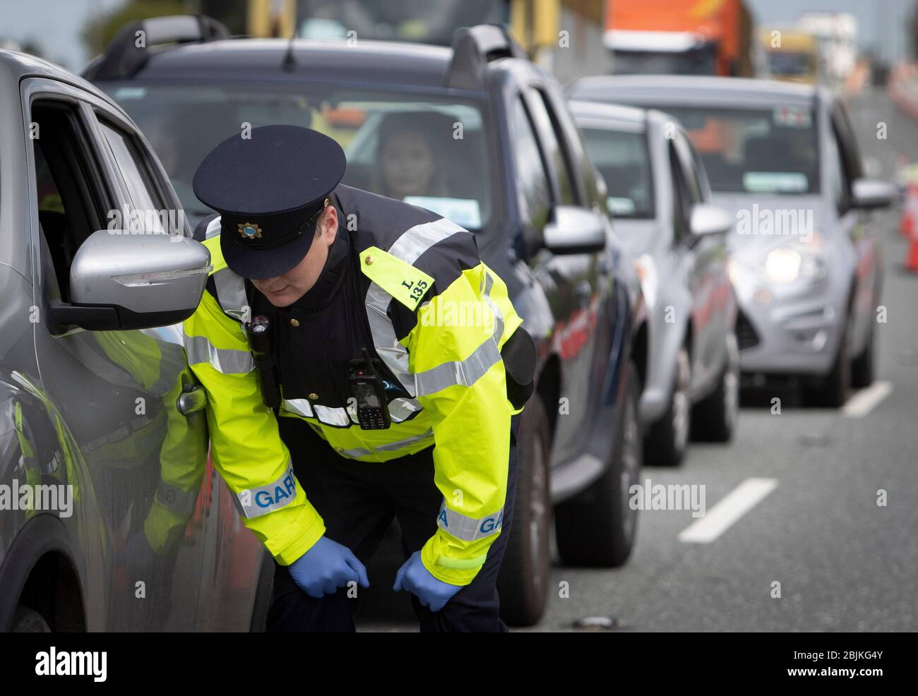 Dublin, Ireland - April 29, 2020: Garda Covid-19 checkpoint on the N7 motorway outside the city. Stock Photo