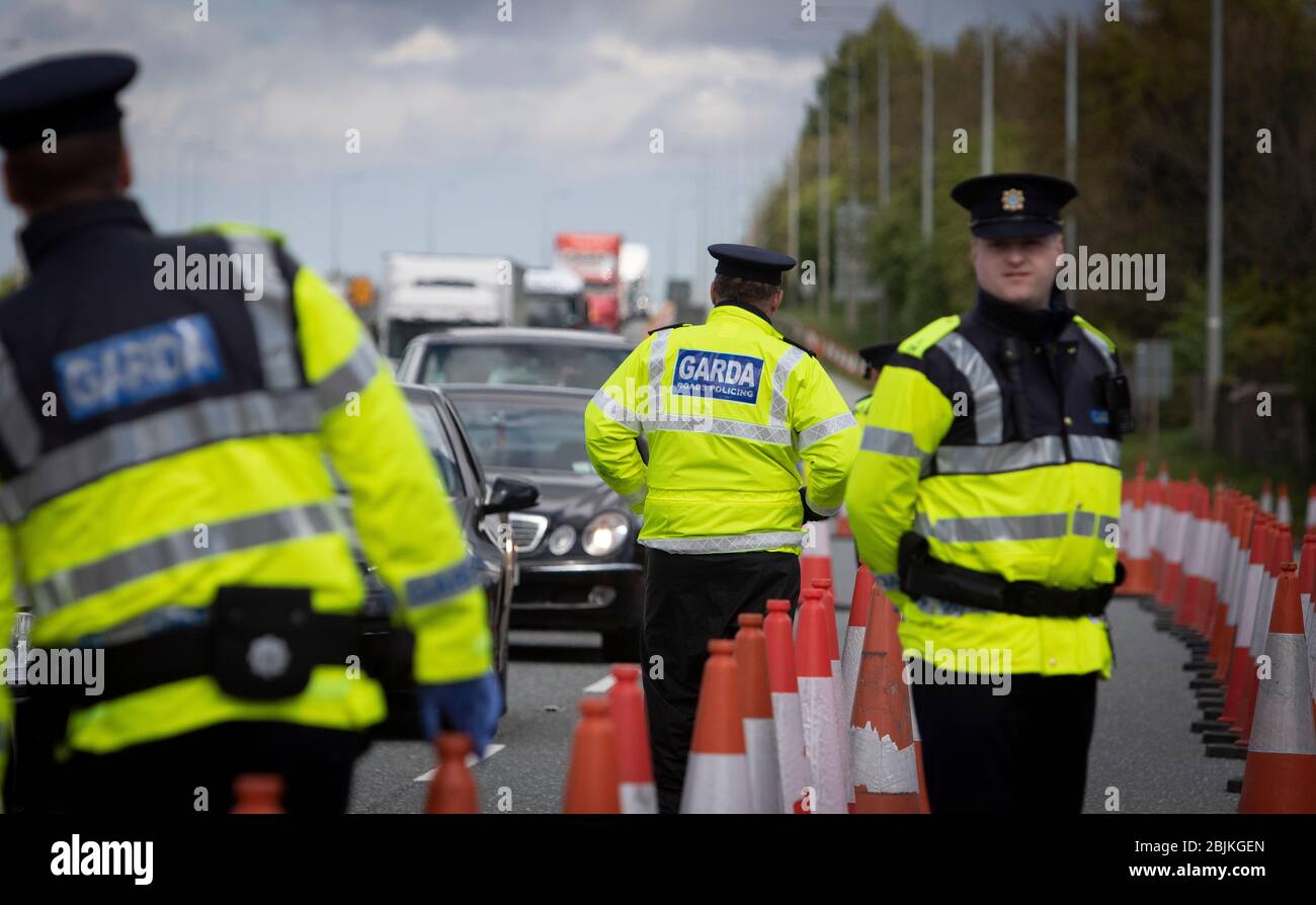 Dublin, Ireland - April 29, 2020: Garda Covid-19 checkpoint on the N7 motorway outside the city. Stock Photo