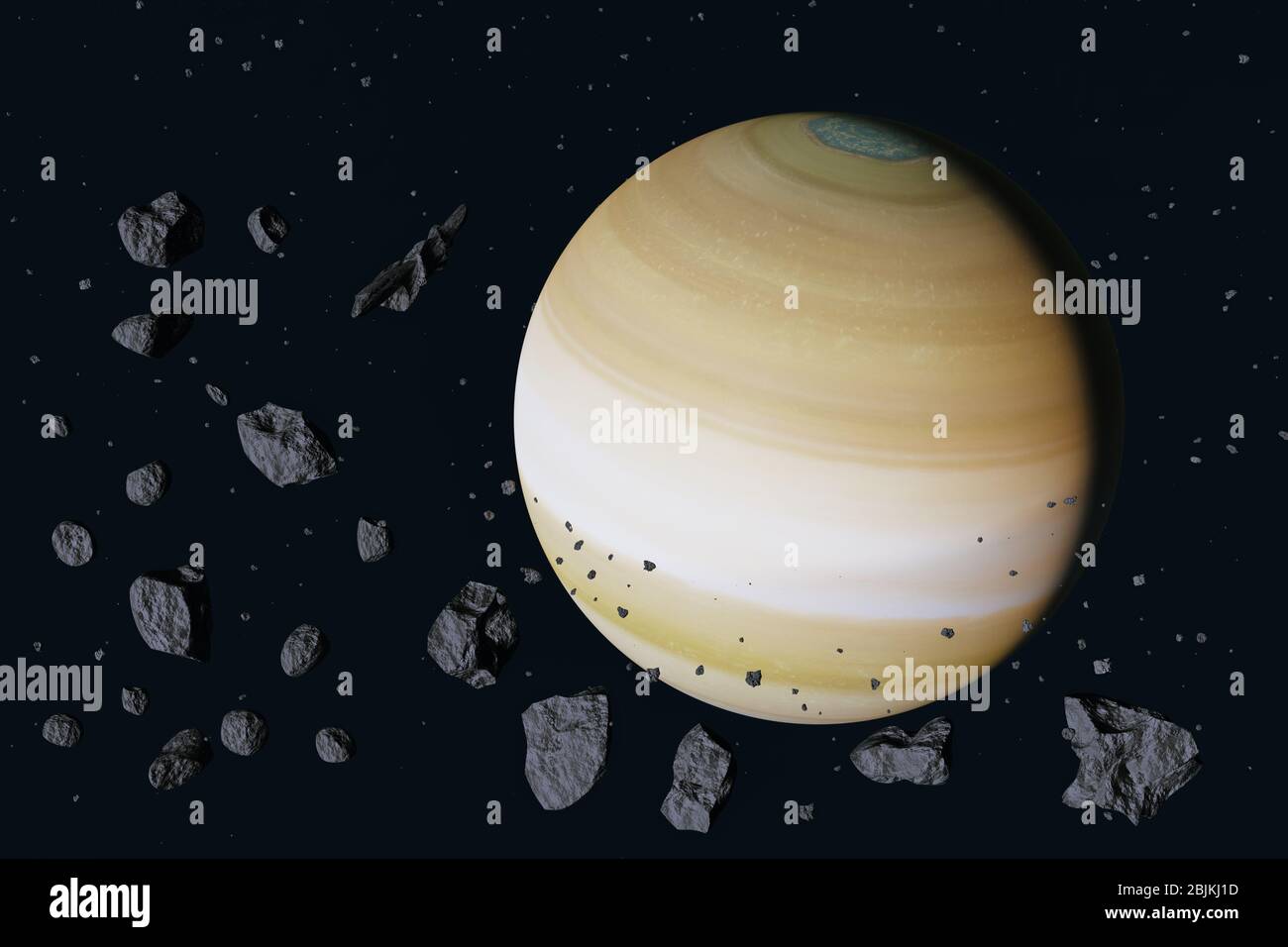 Planet Saturn of solar system near field with rocks in outer space. 3D render image. Elelments of this image were furnished by NASA., Stock Photo