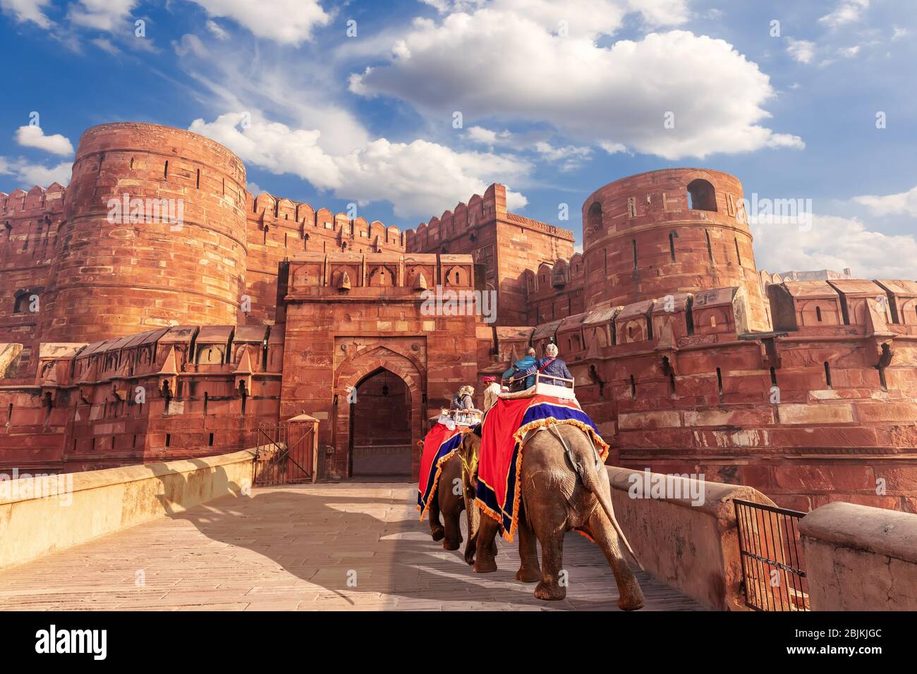 Agra Fort and elephants, view of India. Stock Photo