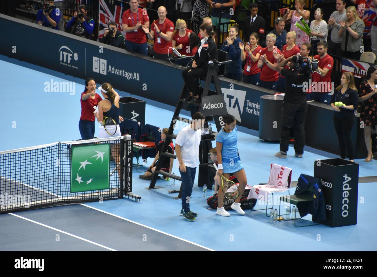 Team Captain Anne Keothavong hugging British tennis player Johanna Konta at the women’s tennis Fed Cup in 2019 against Kazakhstan, Great Britain Stock Photo