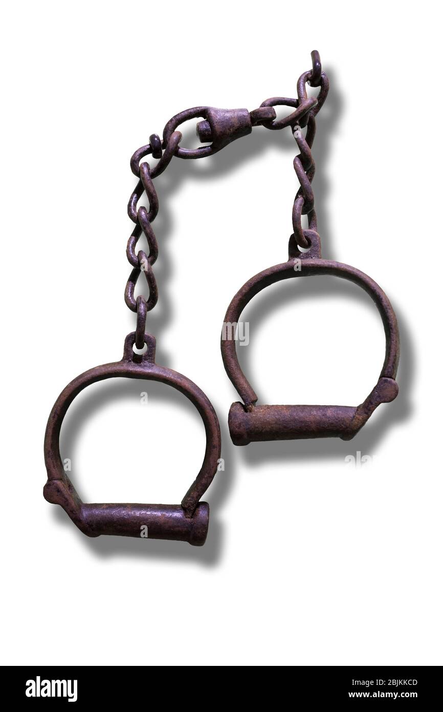 slave trade; trafficking; Africa; slave-trading; 18th Century; Unhygienic; captives; chained; history; item; nails; metalic; isolated; object; gyve; Stock Photo