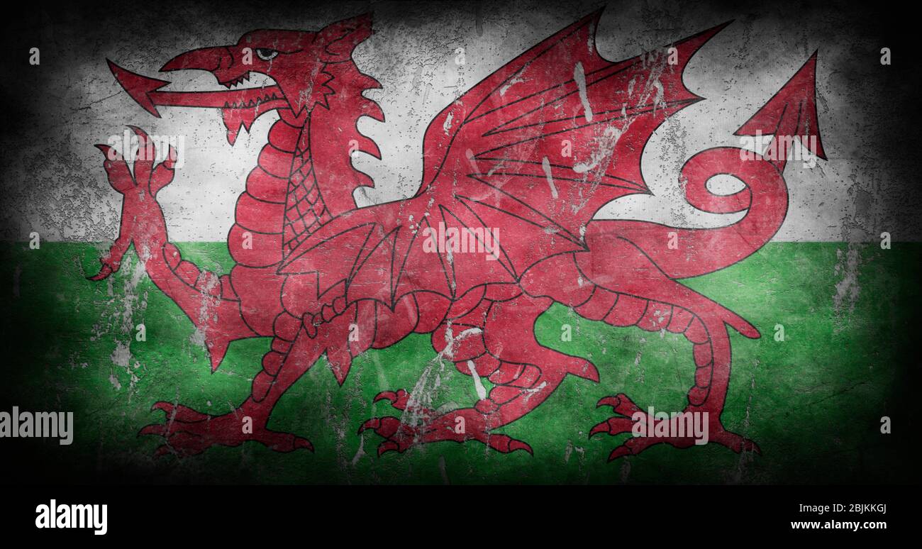 Flag of Wales with grunge texture background 3D illustration. Stock Photo