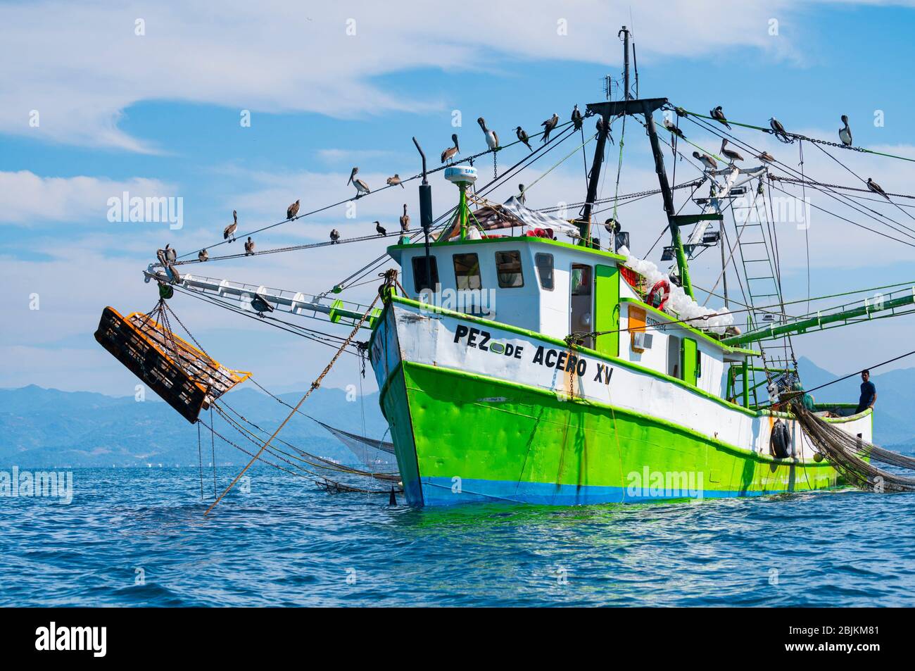Shrimp fishing boat, Rincon de Guayabitos, Compostela municipality, Pacific Ocean, Riviera Nayarit, Nayarit State, Mexico, Central America, America. Stock Photo