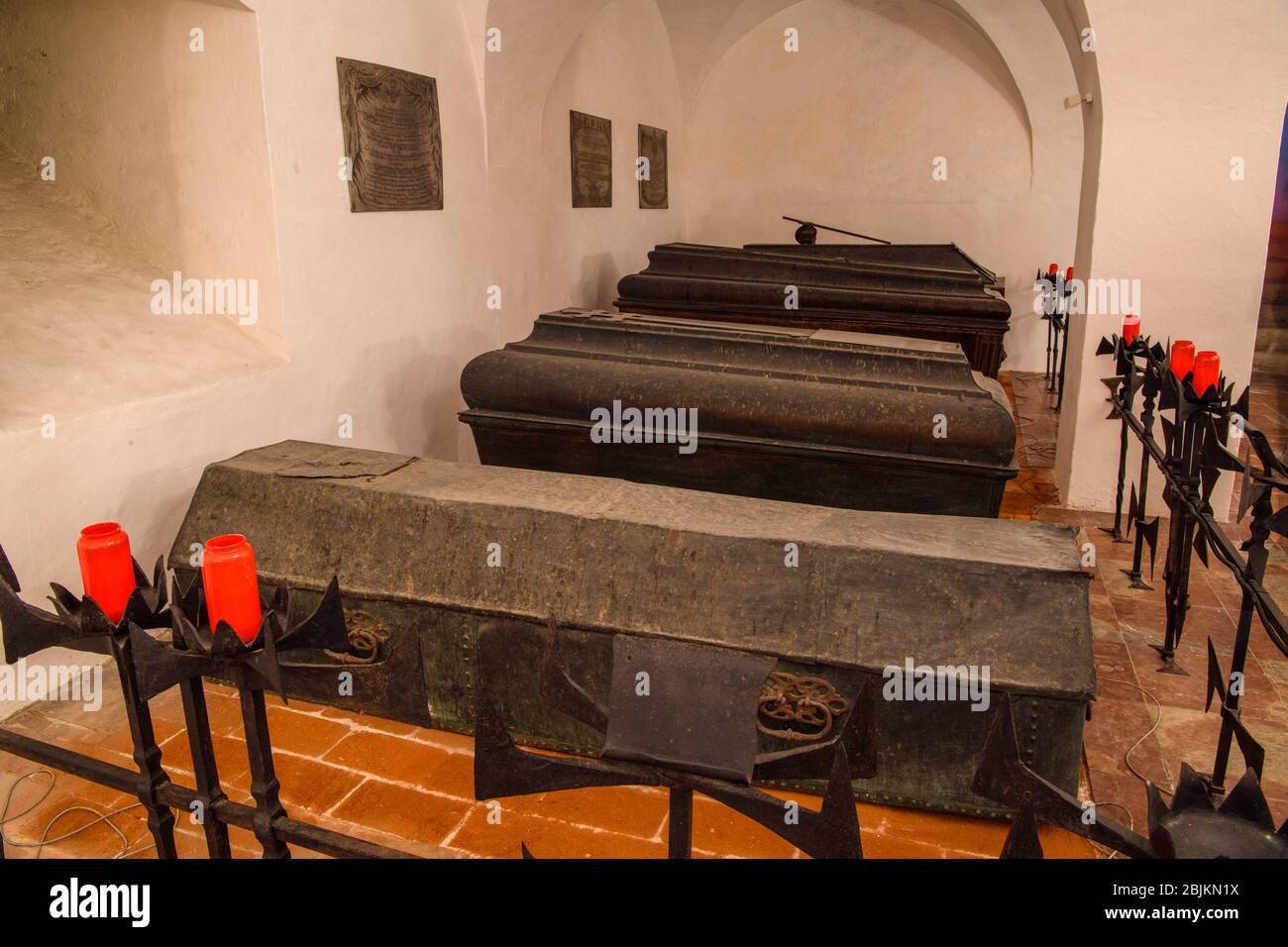 St. Stephen's Cathedral interior- crypt with coffins, Passau, Bavaria, Germany. Stock Photo