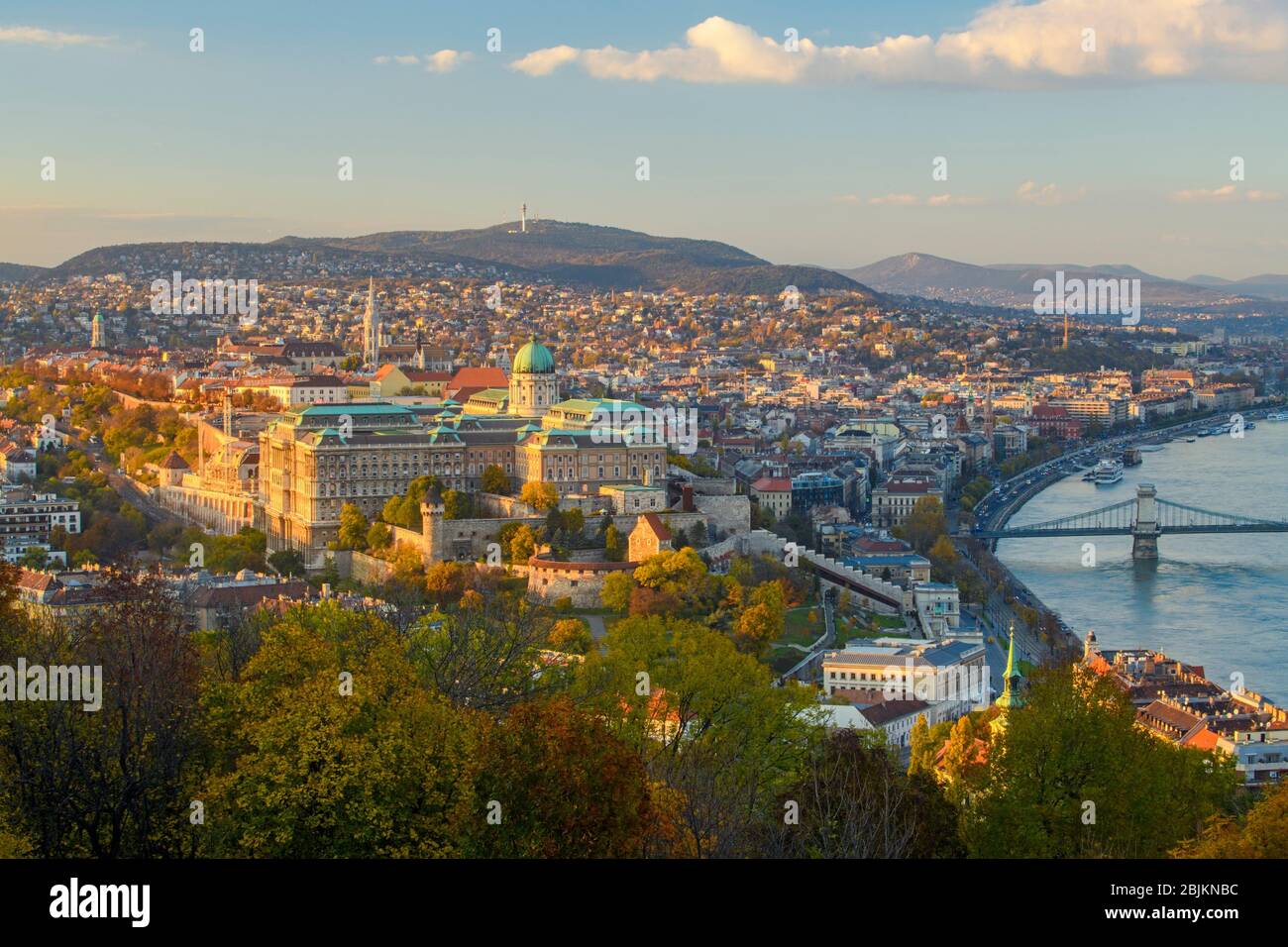 Views of Budapest from the Citadella- River Danube and Buda side in late afternoon, Budapest, Central Hungary, Hungary. Stock Photo