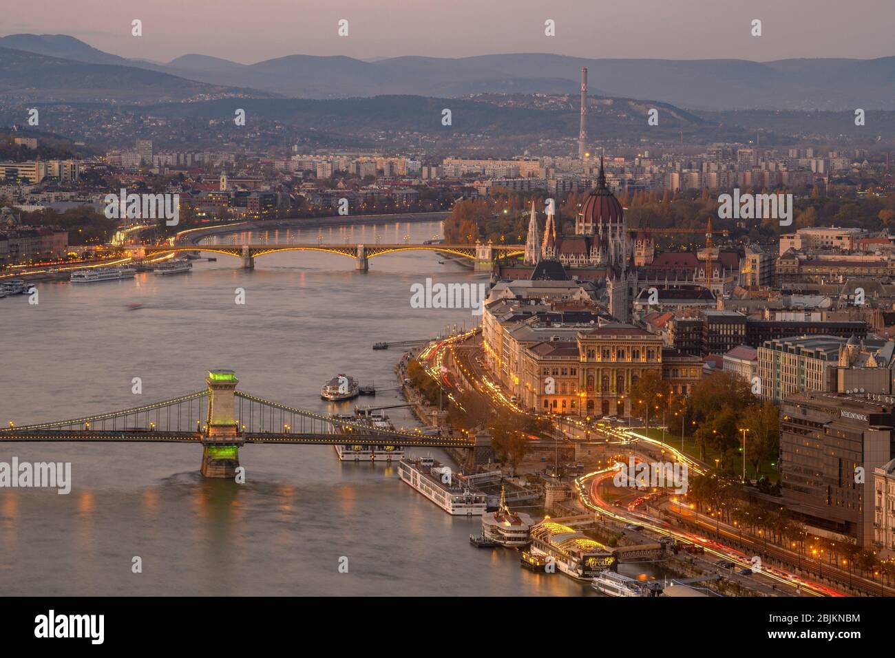 Views of Budapest from the Citadella- Danube and it's bridges at dusk, Budapest, Central Hungary, Hungary. Stock Photo