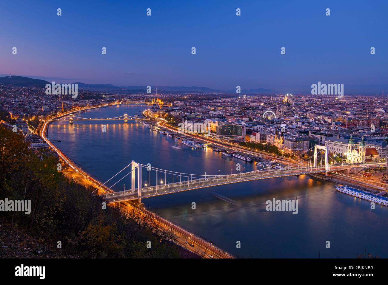 Views of Budapest from the Citadella- Danube and it's bridges at night, Budapest, Central Hungary, Hungary. Stock Photo