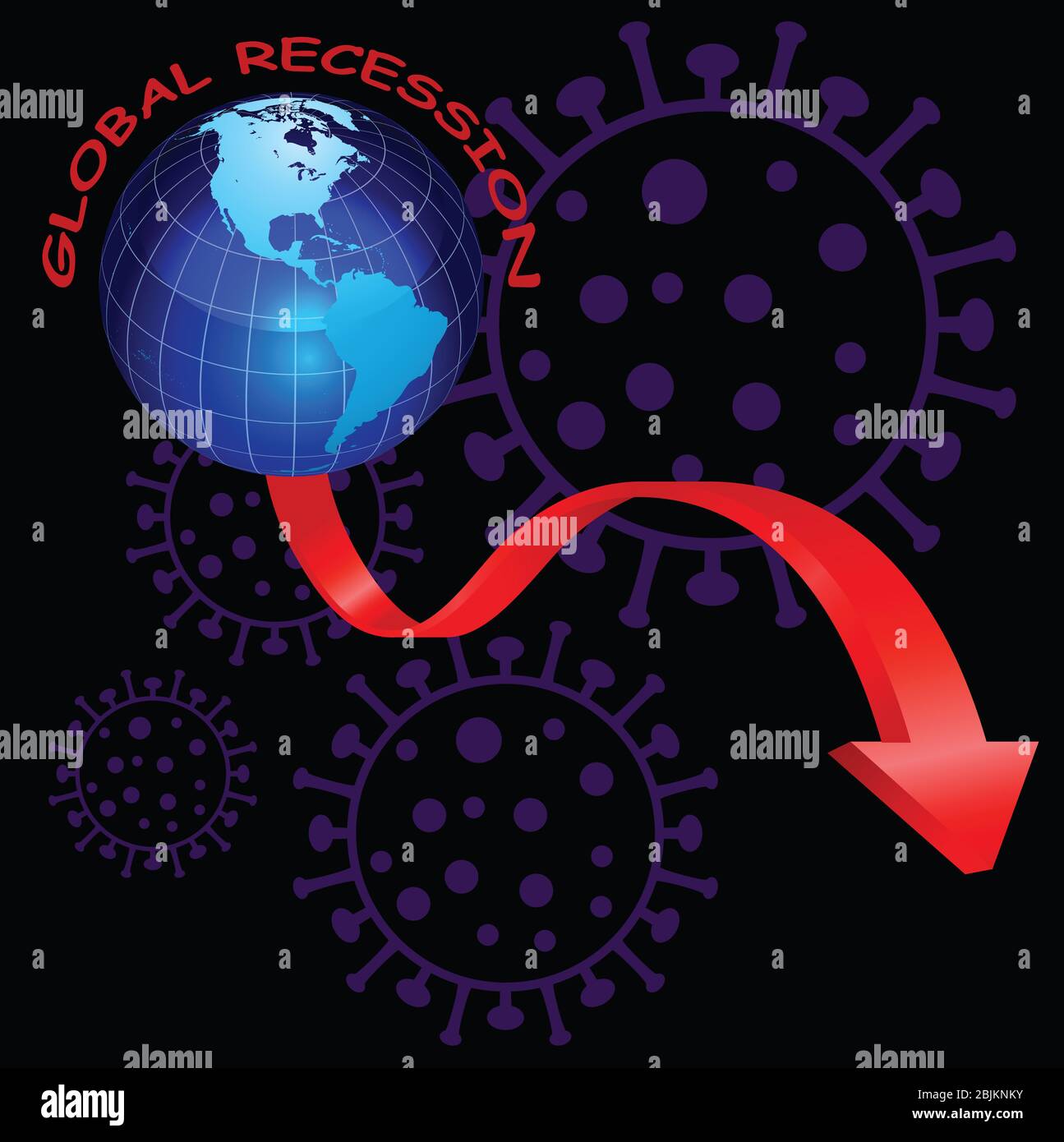 Representation of worldwide financial recession resulting from virus pandemic on planet earth isolated on black background Stock Photo