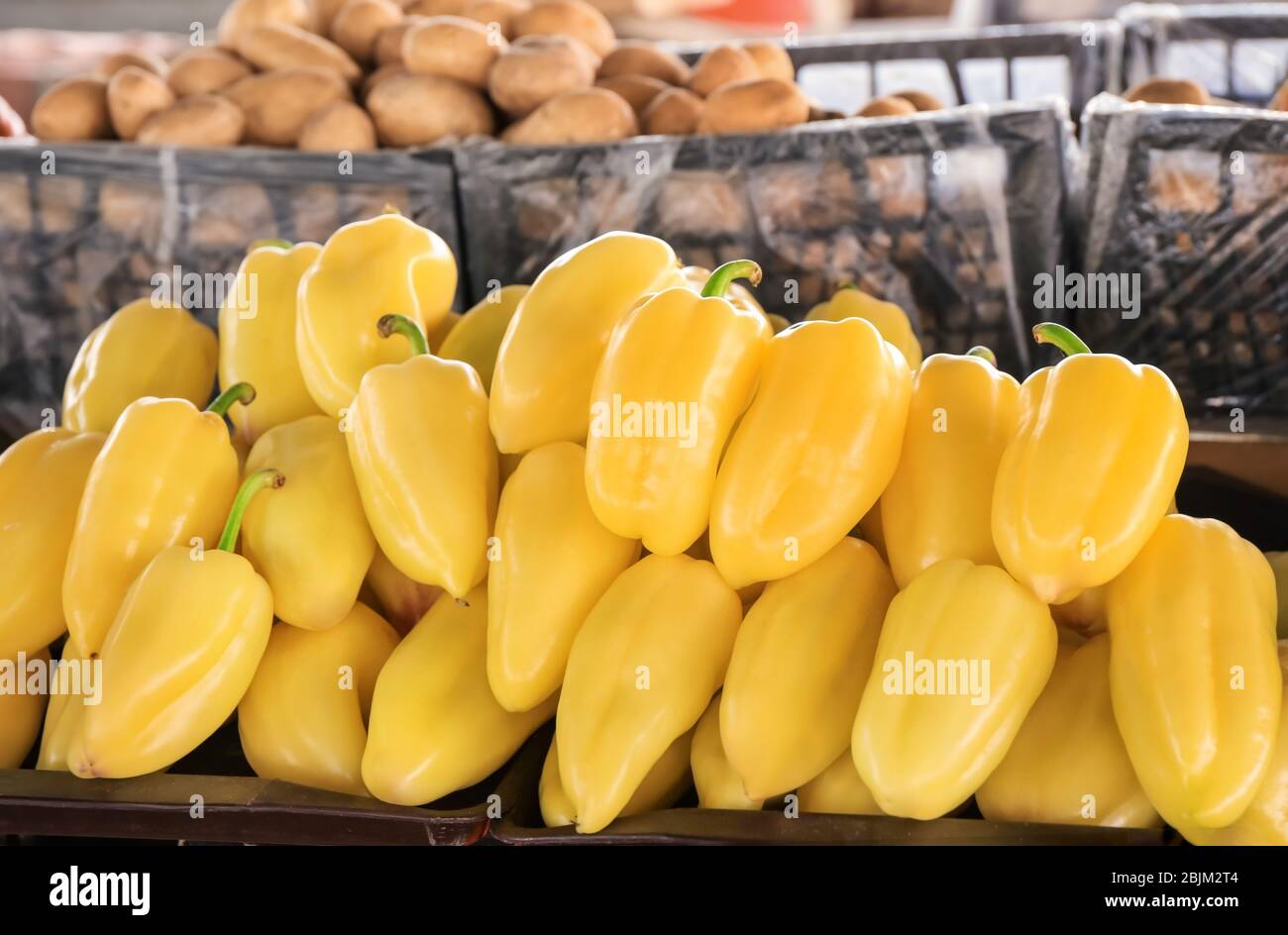 Fresh bell peppers on counter at market Stock Photo - Alamy