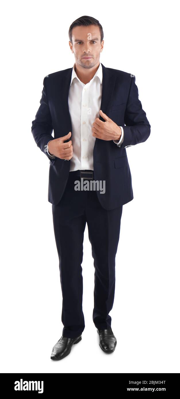 Handsome man in elegant black suit on white background Stock Photo - Alamy