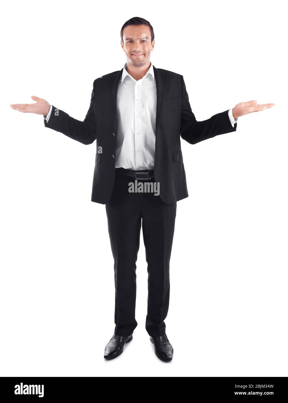 Handsome man in elegant black suit on white background Stock Photo - Alamy